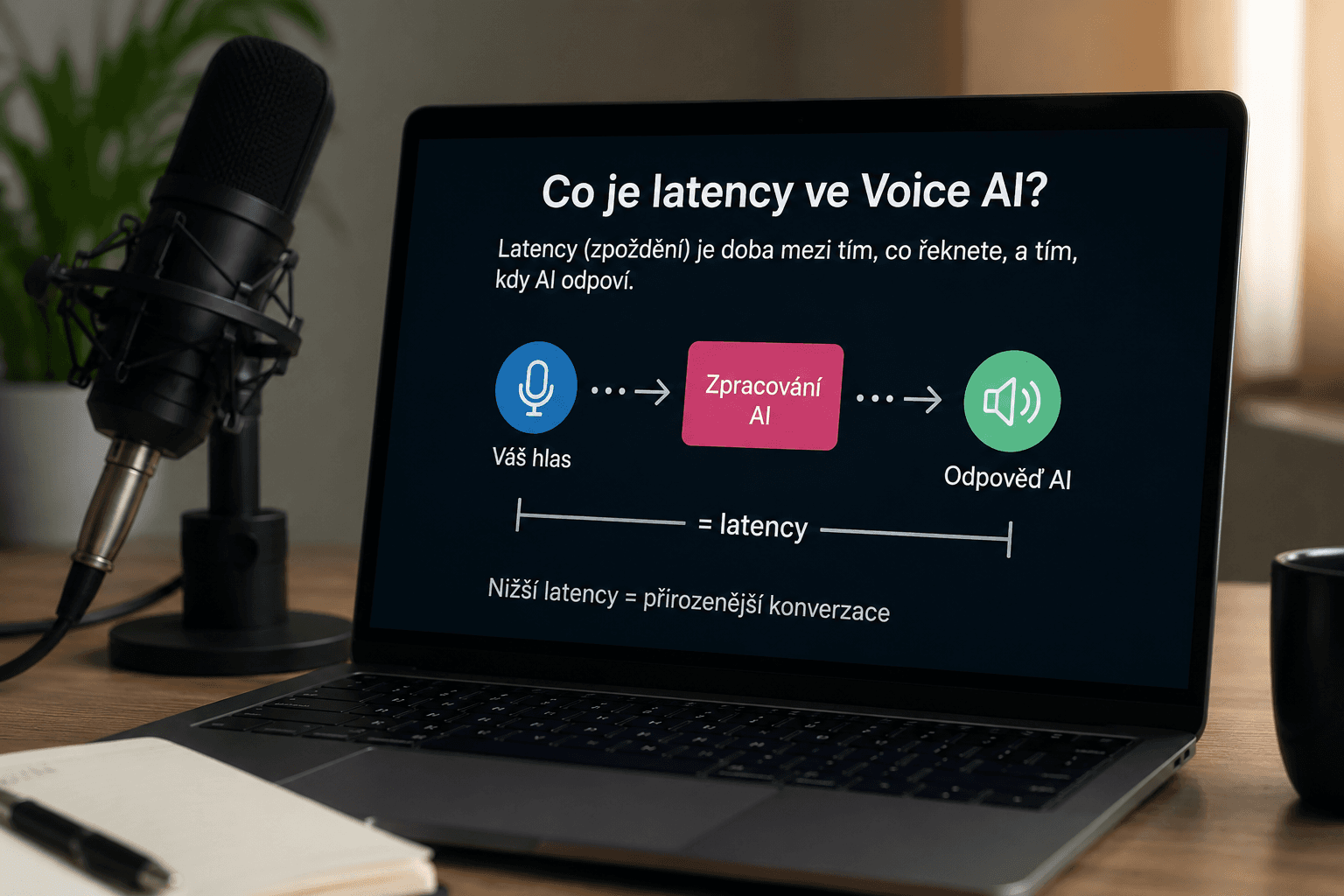 Schéma pipeline hlasového AI asistenta s vyznačenými zdroji latency