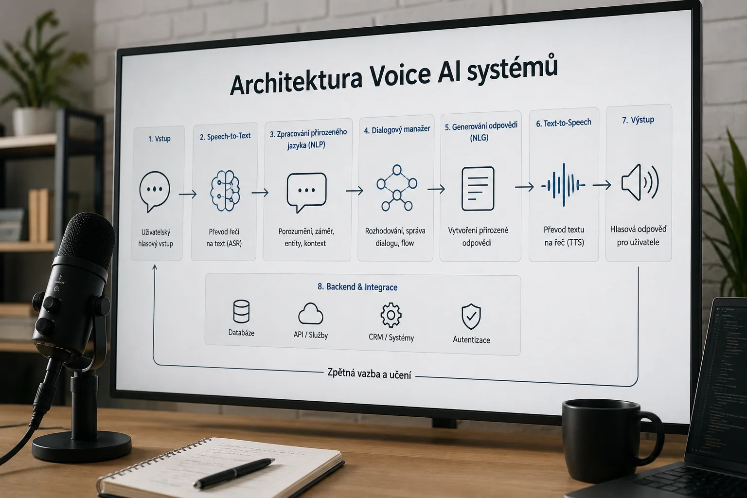 Schéma produkční architektury Voice AI systému s ASR, LLM, TTS a n8n webhooky