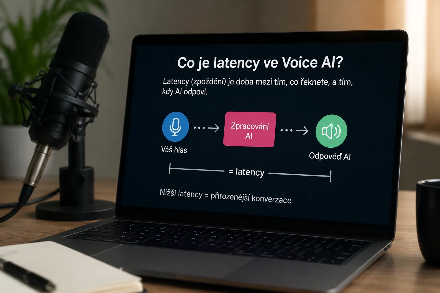 Schéma pipeline hlasového AI asistenta s vyznačenými zdroji latency