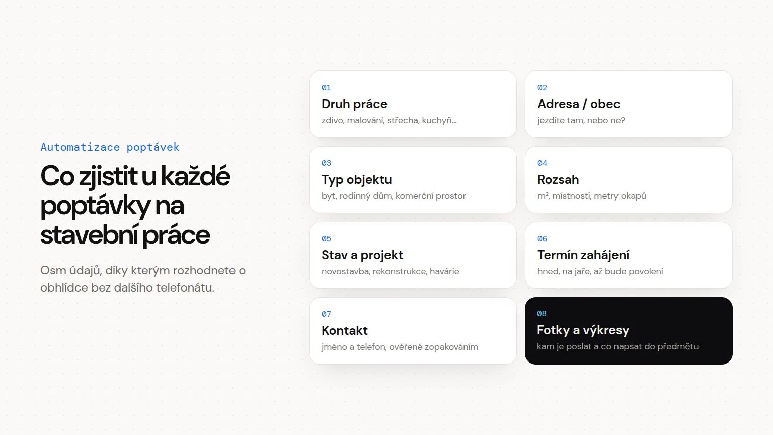 Tahák: co zjistit u každé telefonické poptávky na stavební práce — druh práce, adresa, typ objektu, rozsah, stav, termín, kontakt a jak poslat fotky